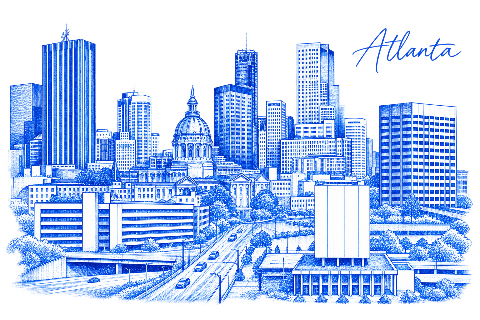 Blue architectural sketch of Atlanta, with the domed State Capitol, downtown towers and a receding avenue