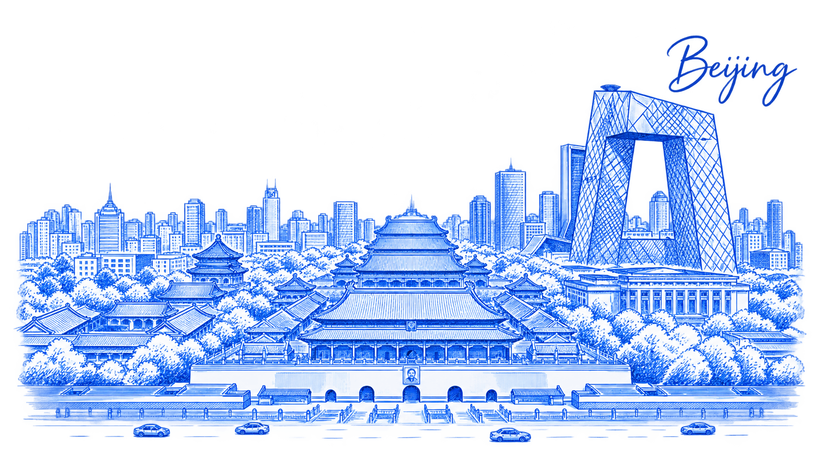 Blue architectural sketch of Beijing, with Tiananmen, the layered roofs of the Forbidden City and CCTV Headquarters